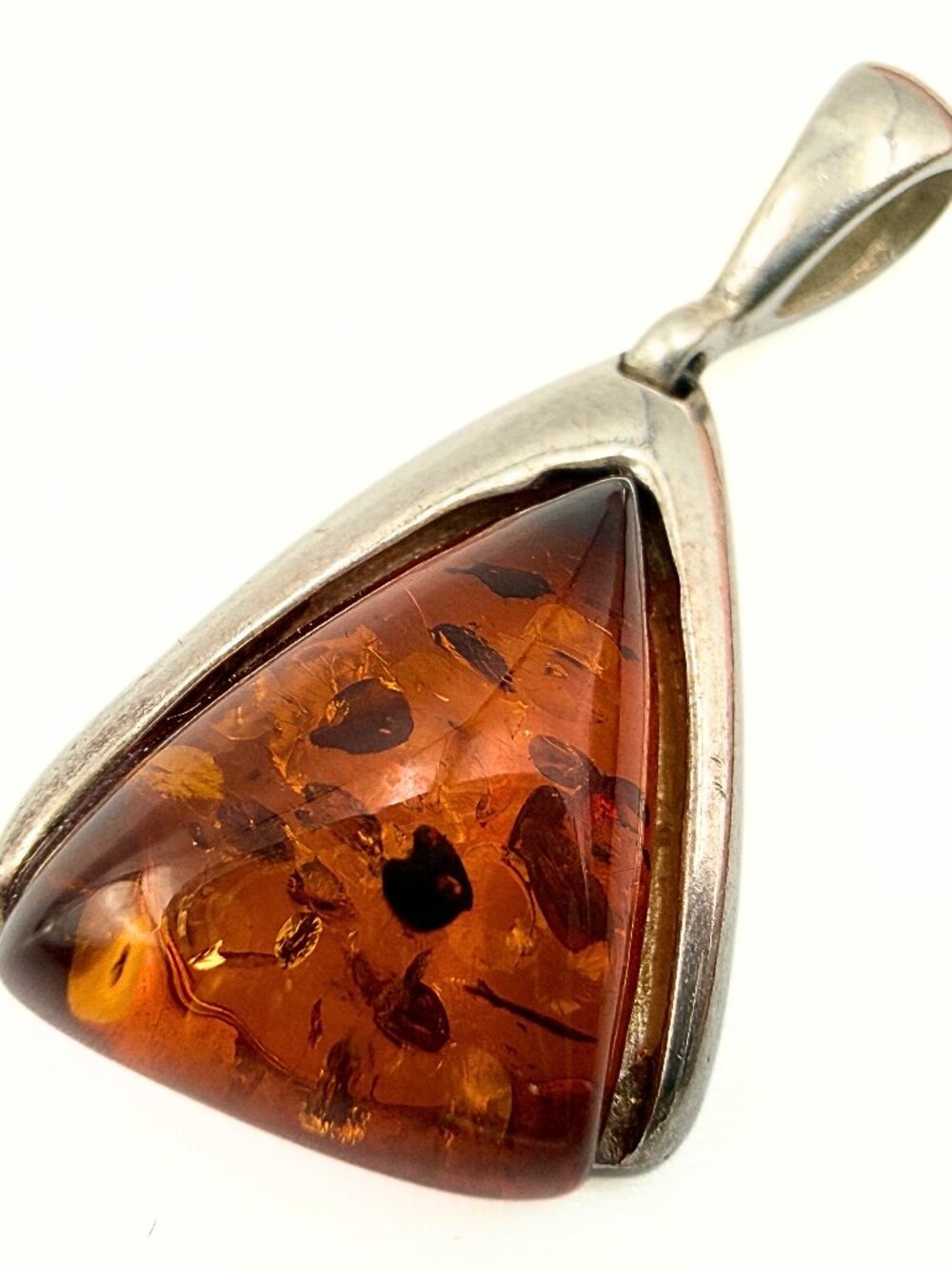 Modernist Petrified Marked Sterling Silver Amber Trilliant Pendant